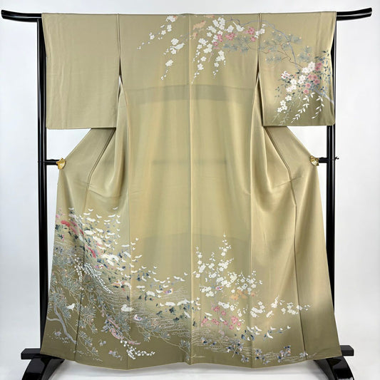 訪問服 身長161cm 袖長65.5cm M 雙層 鳥 草花紋紋 漸層 灰茶 純蠶絲 秀品級