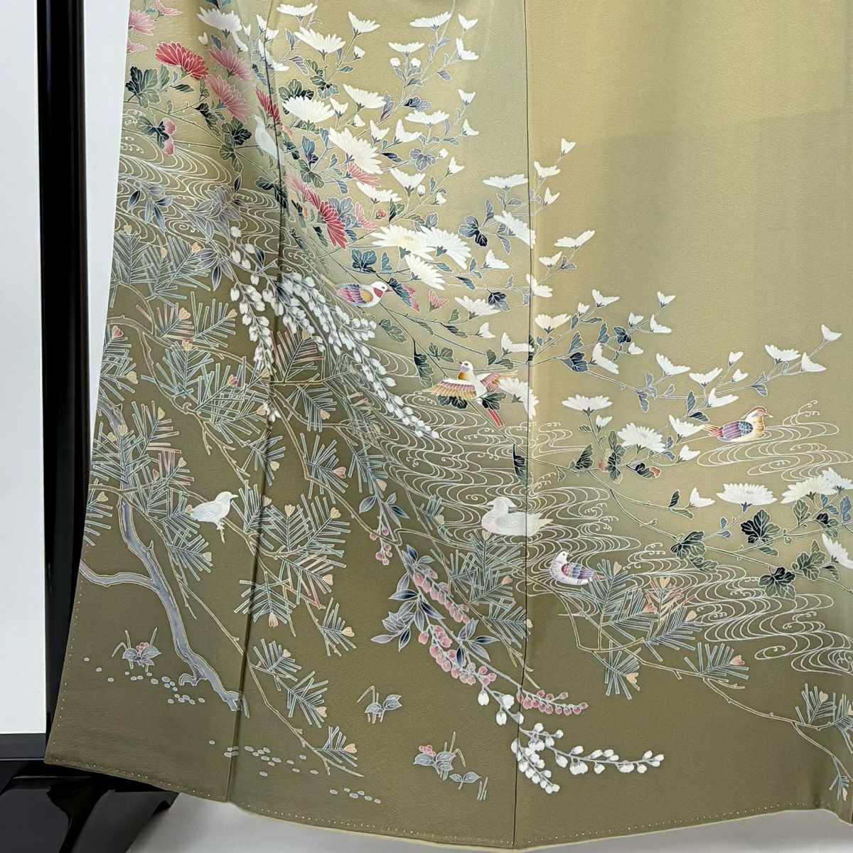 訪問服 身長161cm 袖長65.5cm M 雙層 鳥 草花紋紋 漸層 灰茶 純蠶絲 秀品級