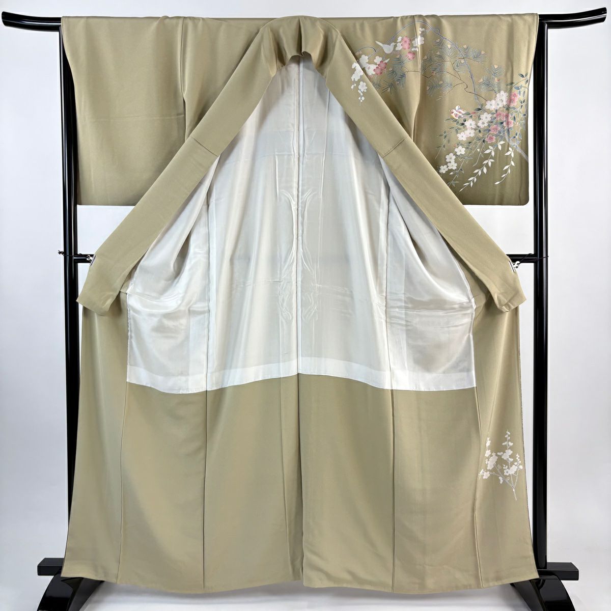 訪問服 身長161cm 袖長65.5cm M 雙層 鳥 草花紋紋 漸層 灰茶 純蠶絲 秀品級