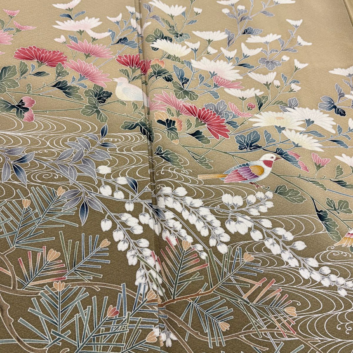 訪問服 身長161cm 袖長65.5cm M 雙層 鳥 草花紋紋 漸層 灰茶 純蠶絲 秀品級
