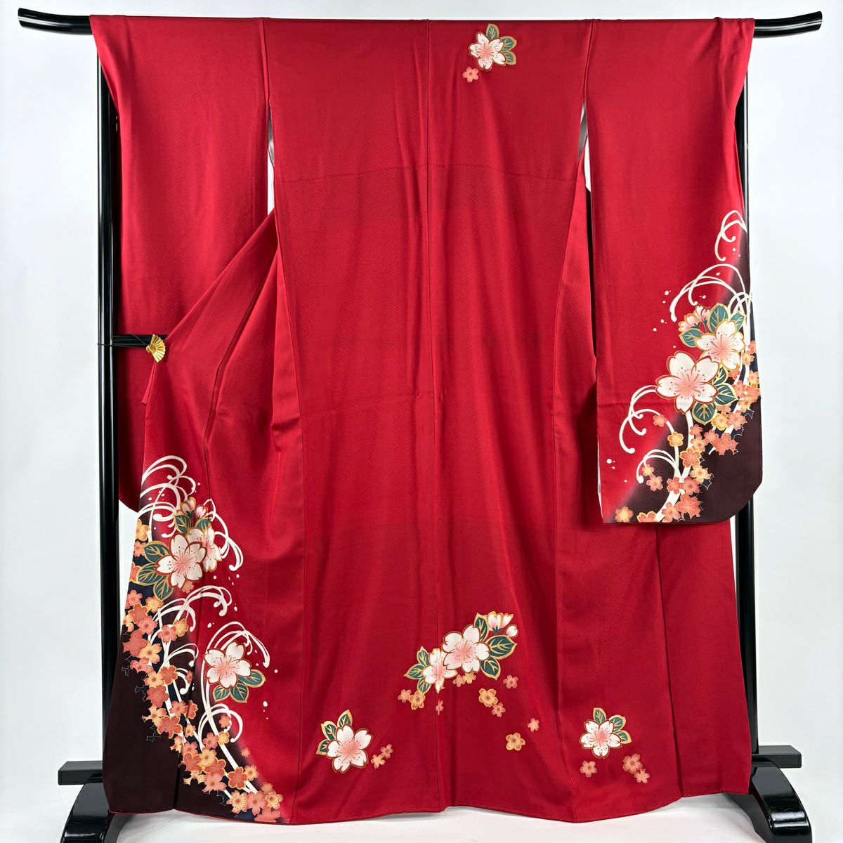【美品】振袖禮服 身長167cm 袖長68.5cm L 雙層 櫻花 波頭 染分 金銀彩 紅 純蠶絲 秀品級