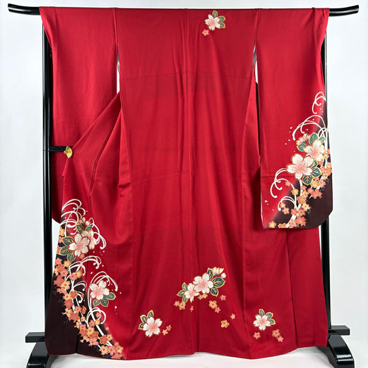 【美品】振袖禮服 身長167cm 袖長68.5cm L 雙層 櫻花 波頭 染分 金銀彩 紅 純蠶絲 秀品級
