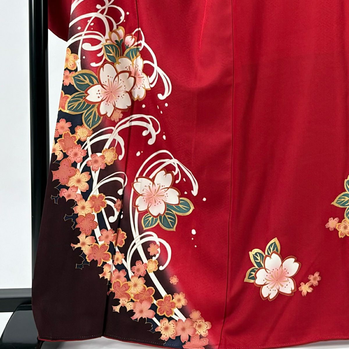 【美品】振袖禮服 身長167cm 袖長68.5cm L 雙層 櫻花 波頭 染分 金銀彩 紅 純蠶絲 秀品級