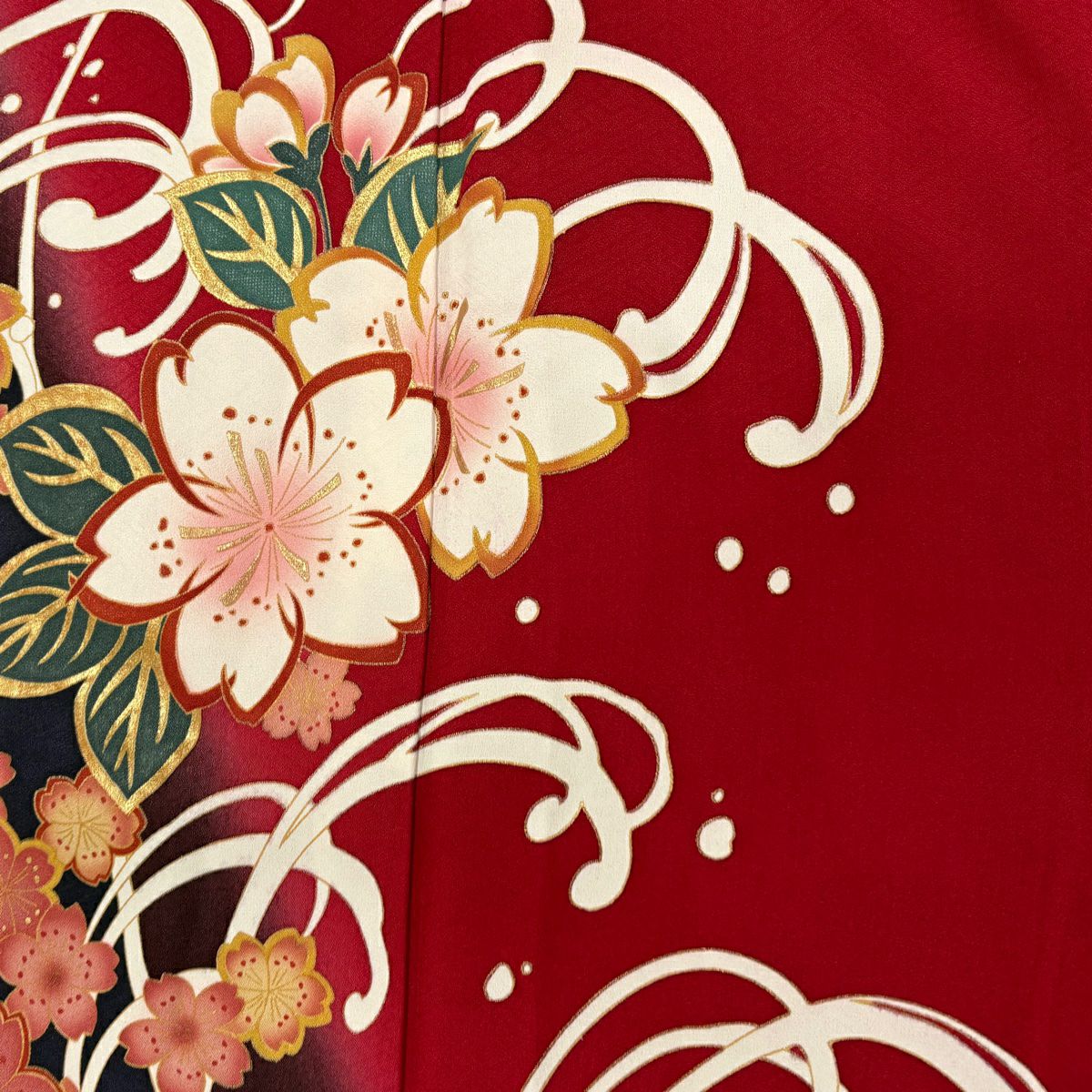 【美品】振袖禮服 身長167cm 袖長68.5cm L 雙層 櫻花 波頭 染分 金銀彩 紅 純蠶絲 秀品級