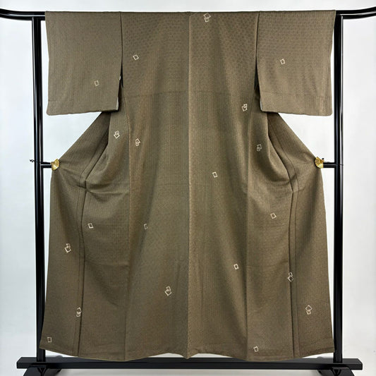 小紋 身長155cm 袖長63cm S 雙層 幾何學圖案 疋田紋 金彩裝飾 茶綠 純蠶絲 秀品級