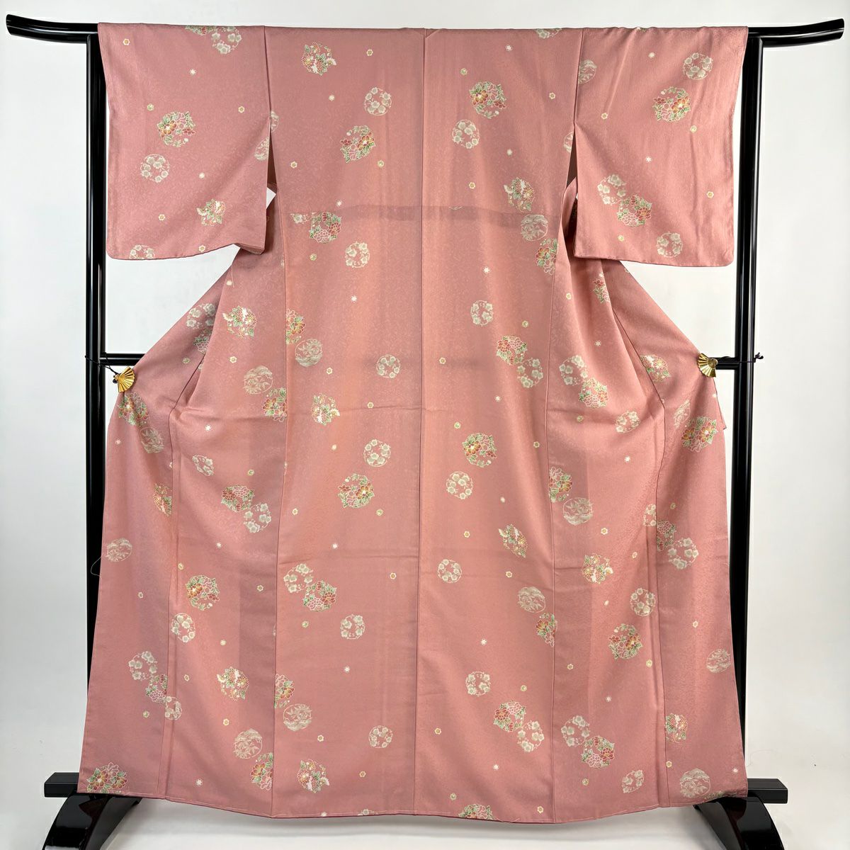 【美品】 小紋 身長164cm 袖長64.5cm M 雙層 花丸紋 粉紅 化纖 優品級