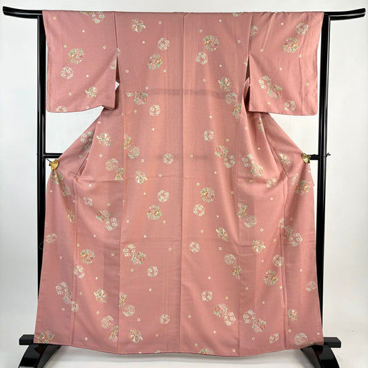 【美品】 小紋 身長164cm 袖長64.5cm M 雙層 花丸紋 粉紅 化纖 優品級
