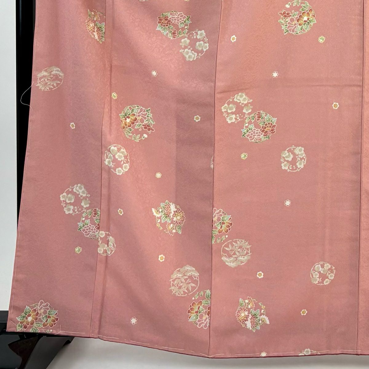 【美品】 小紋 身長164cm 袖長64.5cm M 雙層 花丸紋 粉紅 化纖 優品級
