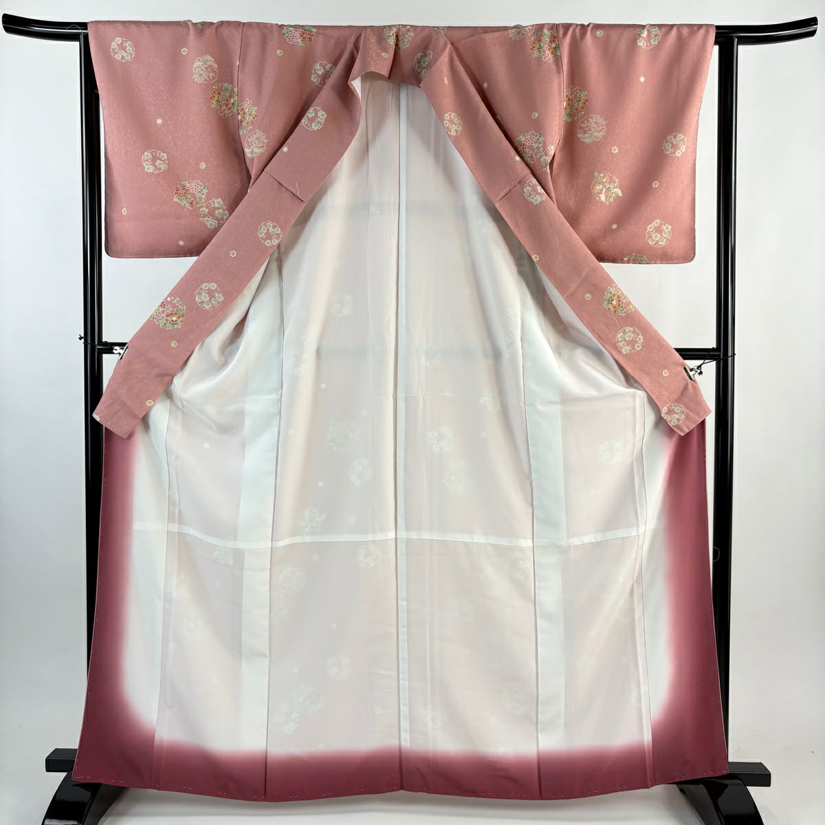 【美品】 小紋 身長164cm 袖長64.5cm M 雙層 花丸紋 粉紅 化纖 優品級