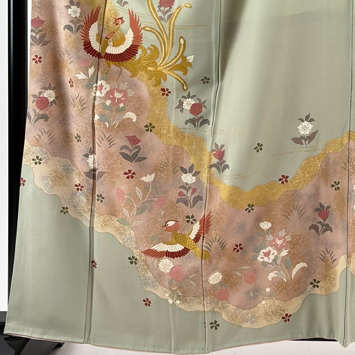 訪問服 身長162.5cm 袖長66cm M 雙層 落款あり 鳳凰 草花紋紋 螺鈿 金銀彩 薄綠 純蠶絲 秀品級
