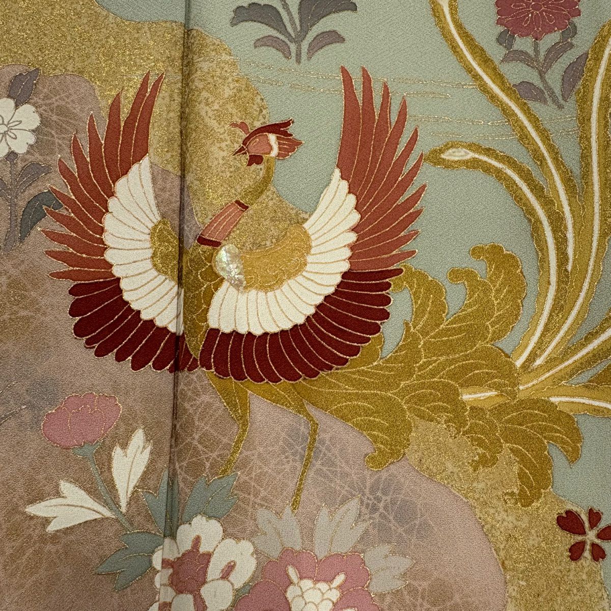 訪問服 身長162.5cm 袖長66cm M 雙層 落款あり 鳳凰 草花紋紋 螺鈿 金銀彩 薄綠 純蠶絲 秀品級