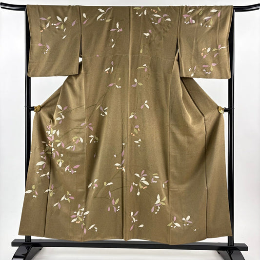 訪問服 身長156cm 袖長65cm M 雙層 枝花 金彩裝飾 茶綠 純蠶絲 秀品級