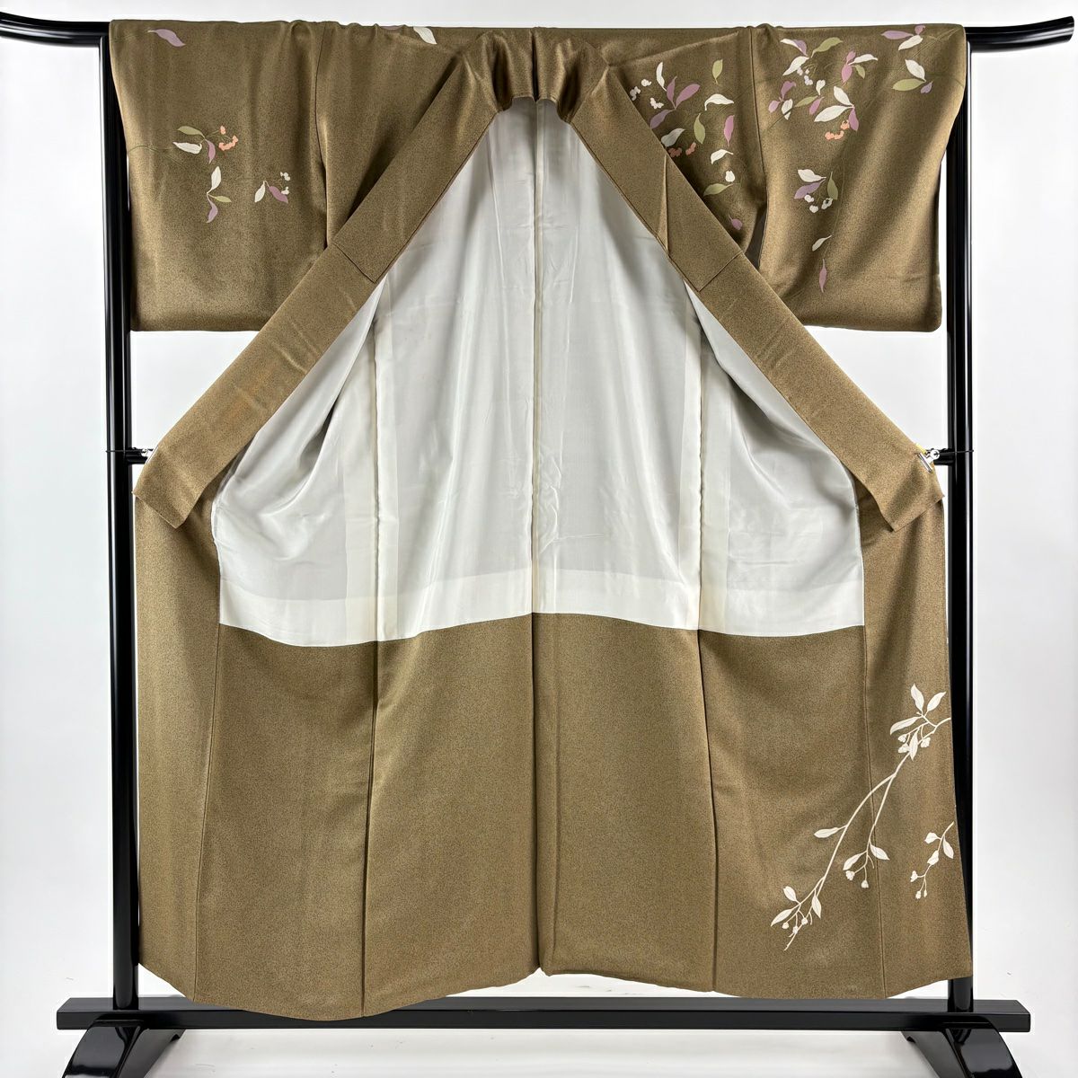 訪問服 身長156cm 袖長65cm M 雙層 枝花 金彩裝飾 茶綠 純蠶絲 秀品級