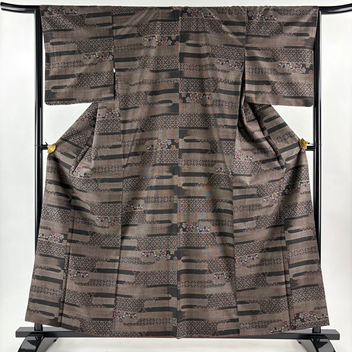【美品】 紬織織 身長159cm 袖長65.5cm M 雙層 ヱ霞 櫻花 焦茶 純蠶絲 秀品級