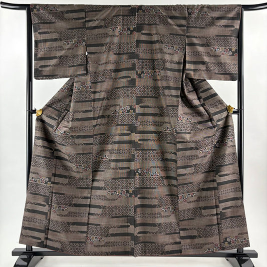 【美品】 紬織織 身長159cm 袖長65.5cm M 雙層 ヱ霞 櫻花 焦茶 純蠶絲 秀品級