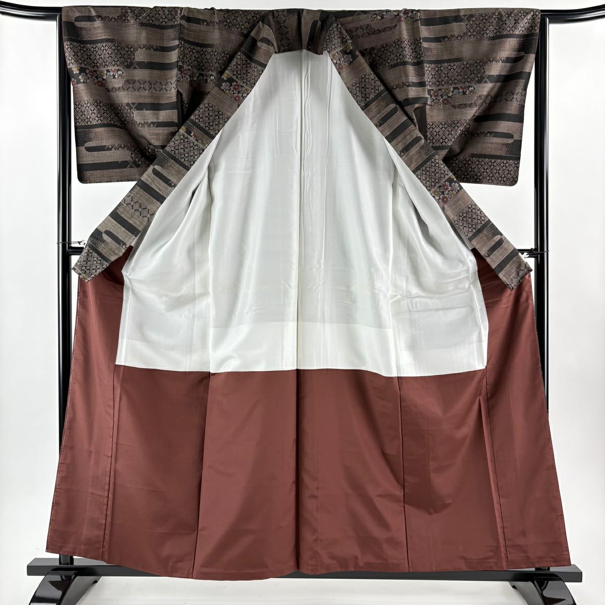 【美品】 紬織織 身長159cm 袖長65.5cm M 雙層 ヱ霞 櫻花 焦茶 純蠶絲 秀品級