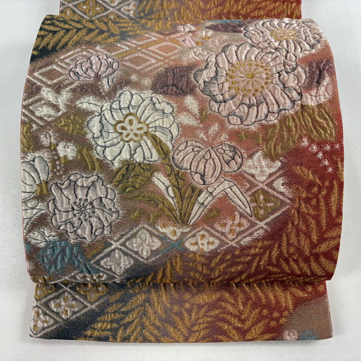 【美品】 袋帶 秀品級 辻花染圖案 花菱 金絲 拉麵 茜 深藍 六通 純蠶絲