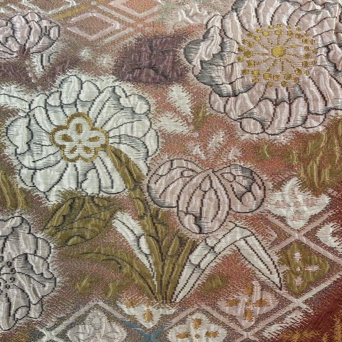 【美品】 袋帶 秀品級 辻花染圖案 花菱 金絲 拉麵 茜 深藍 六通 純蠶絲