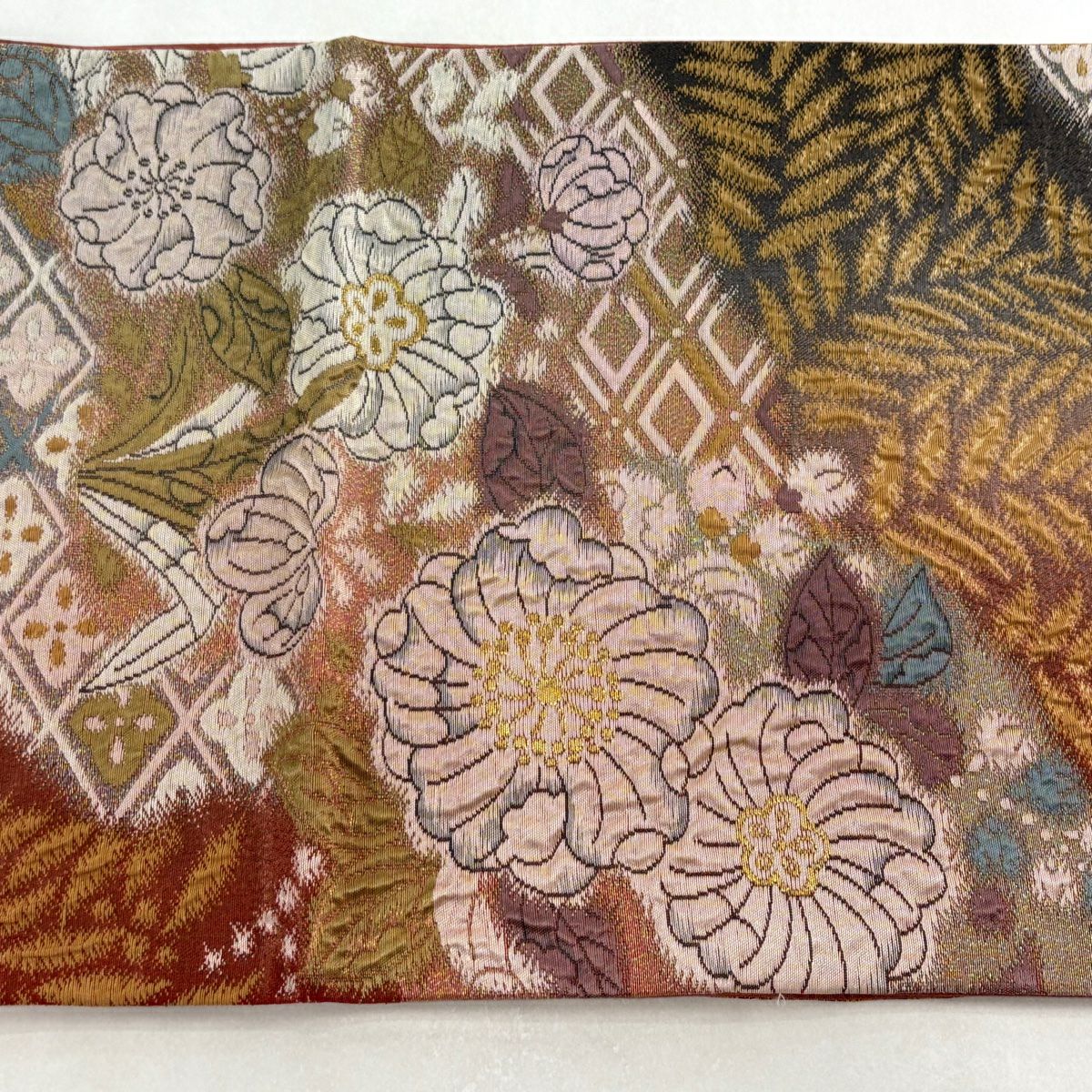 【美品】 袋帶 秀品級 辻花染圖案 花菱 金絲 拉麵 茜 深藍 六通 純蠶絲