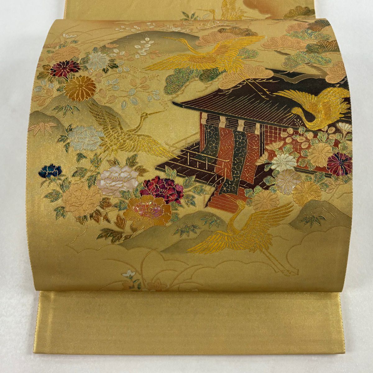 袋帶 秀品級 風景 仙鶴 螺鈿 金銀彩 金純蠶絲