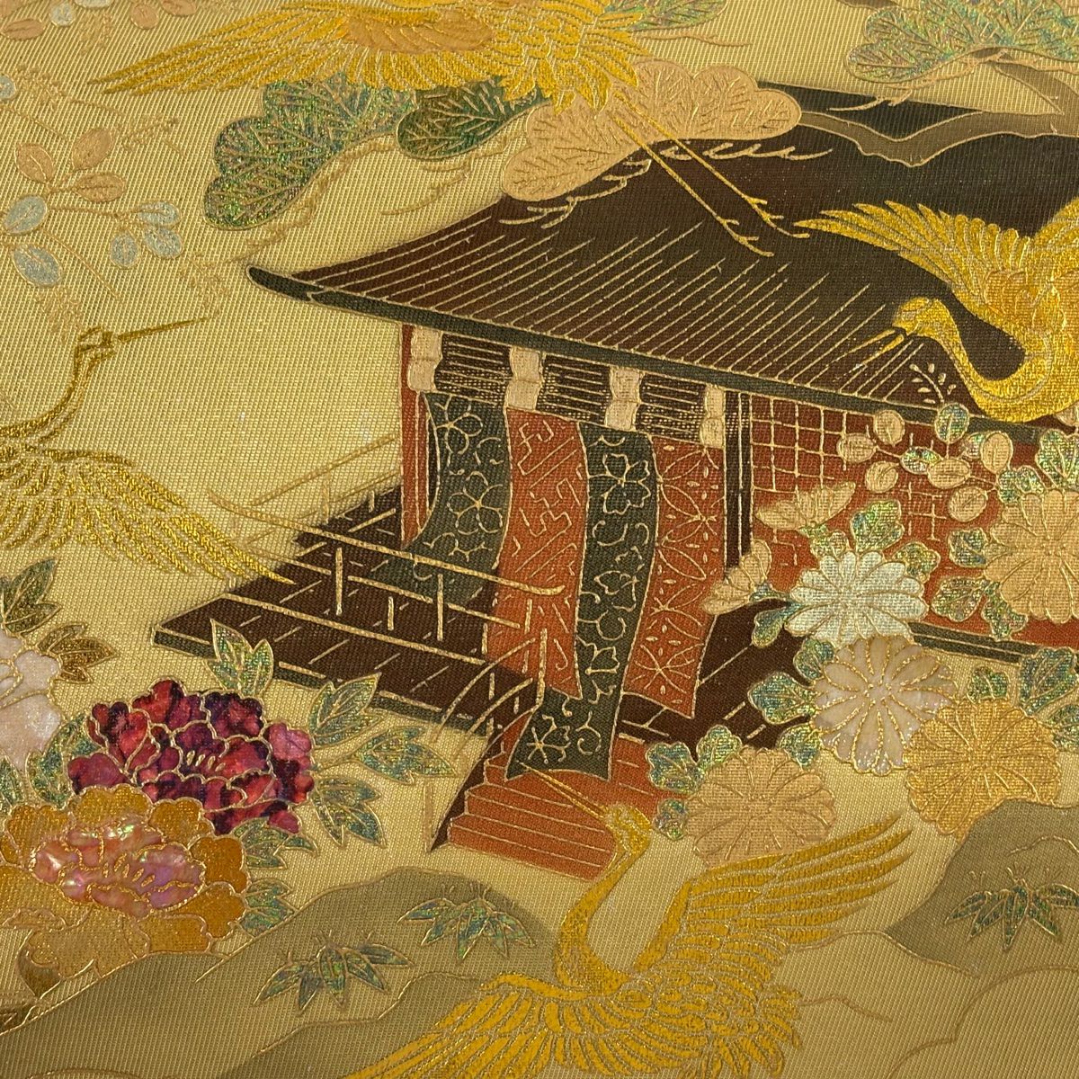 袋帶 秀品級 風景 仙鶴 螺鈿 金銀彩 金純蠶絲