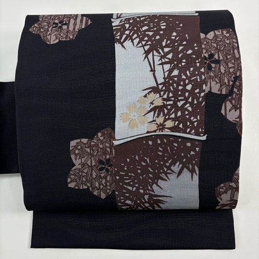 【美品】名古屋帶 秀品級 夏帶 竹子 花 深藍 純蠶絲