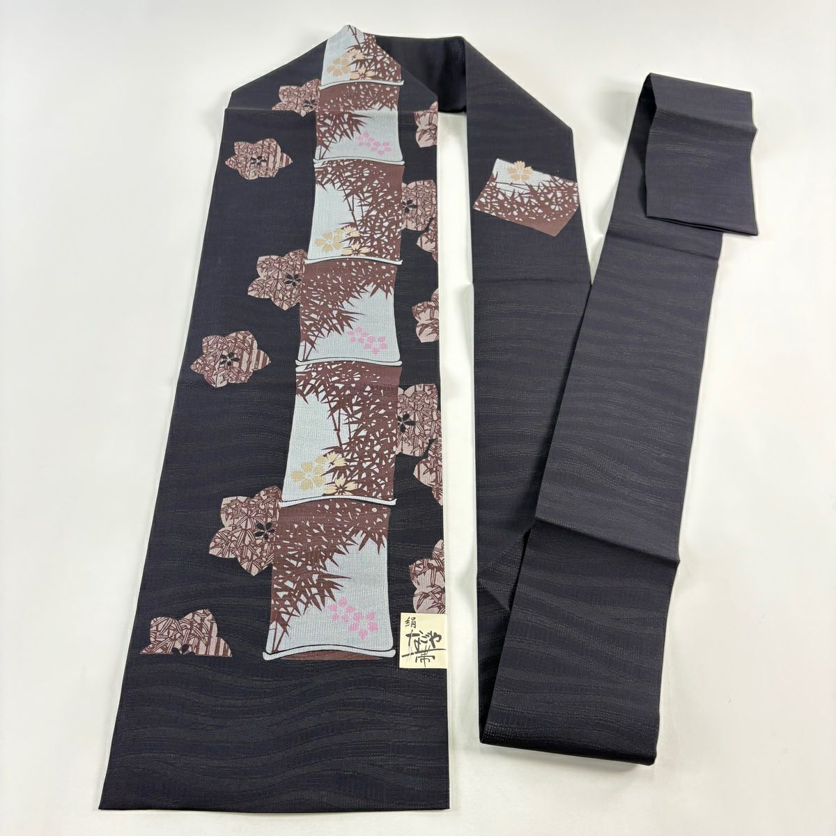 【美品】名古屋帶 秀品級 夏帶 竹子 花 深藍 純蠶絲