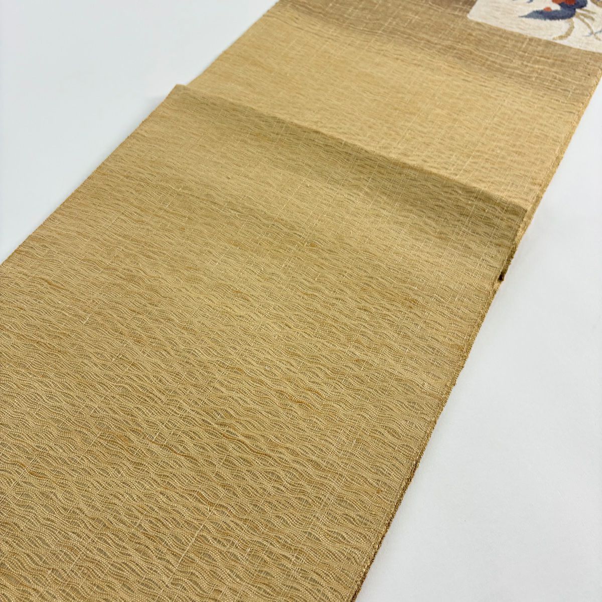【美品】 袋帶 秀品級 草花紋 幾何圖案 山吹茶 純蠶絲