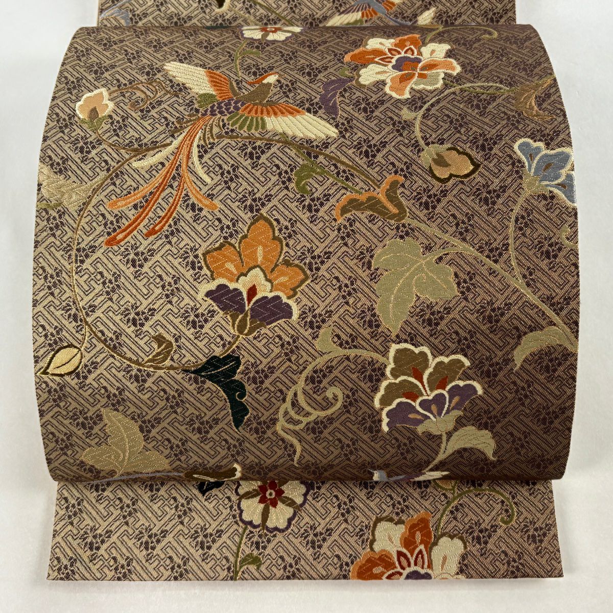【美品】 袋帶 秀品級 鳥 花唐草紋 唐織 金金箔 金茶 六通 純蠶絲