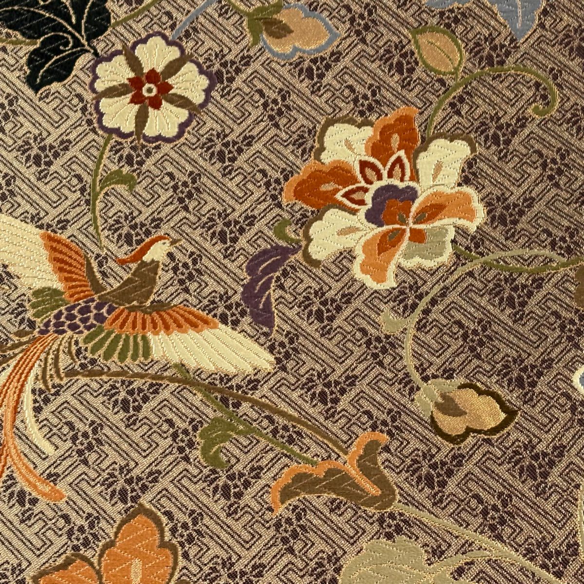 【美品】 袋帶 秀品級 鳥 花唐草紋 唐織 金金箔 金茶 六通 純蠶絲
