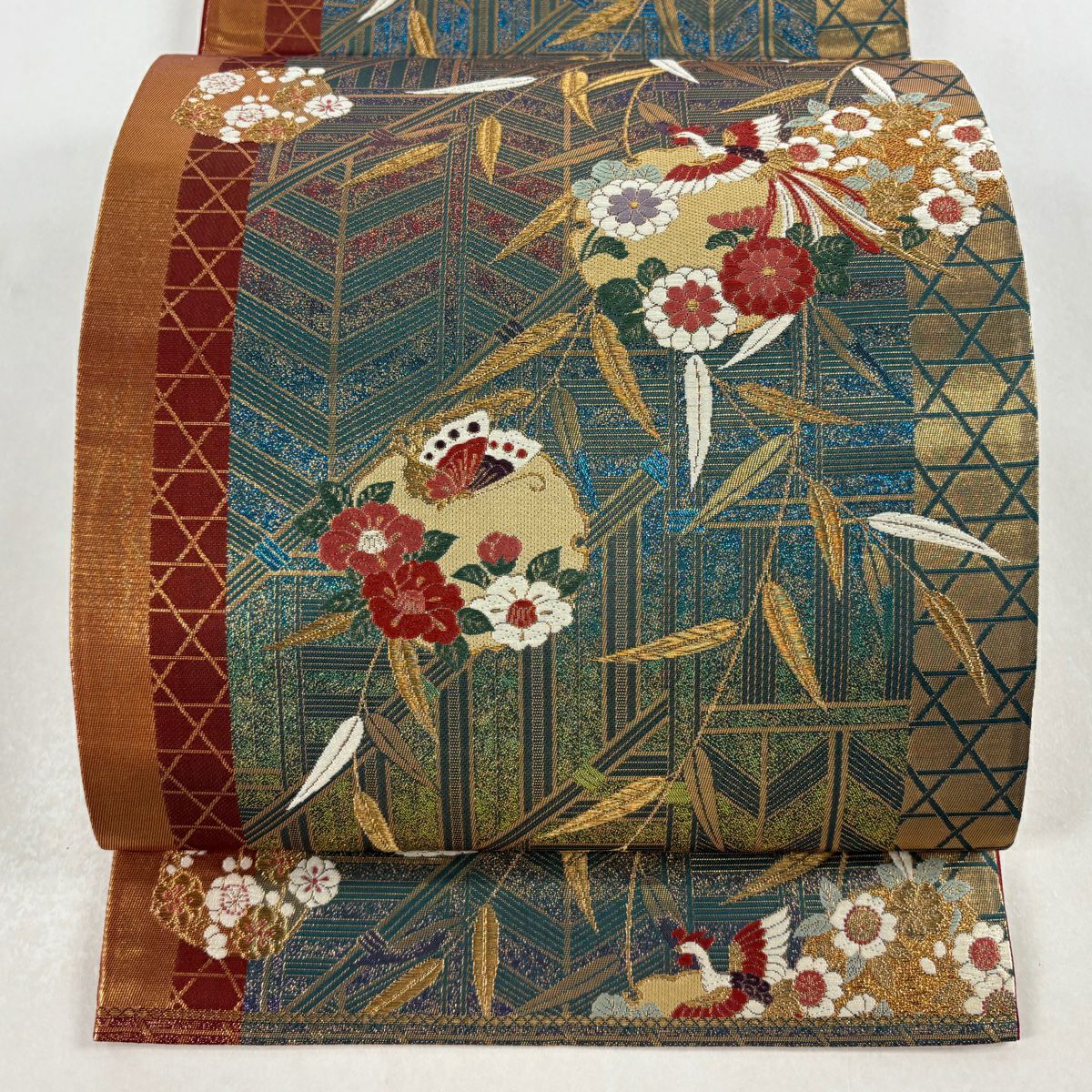 【美品】 袋帶 秀品級 花鳥 花丸紋 刺繡 金金箔 綠 六通 純蠶絲