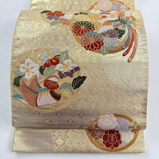 袋帶 秀品級 草花紋紋 鳥 金絲 唐織 金色 全通 純蠶絲