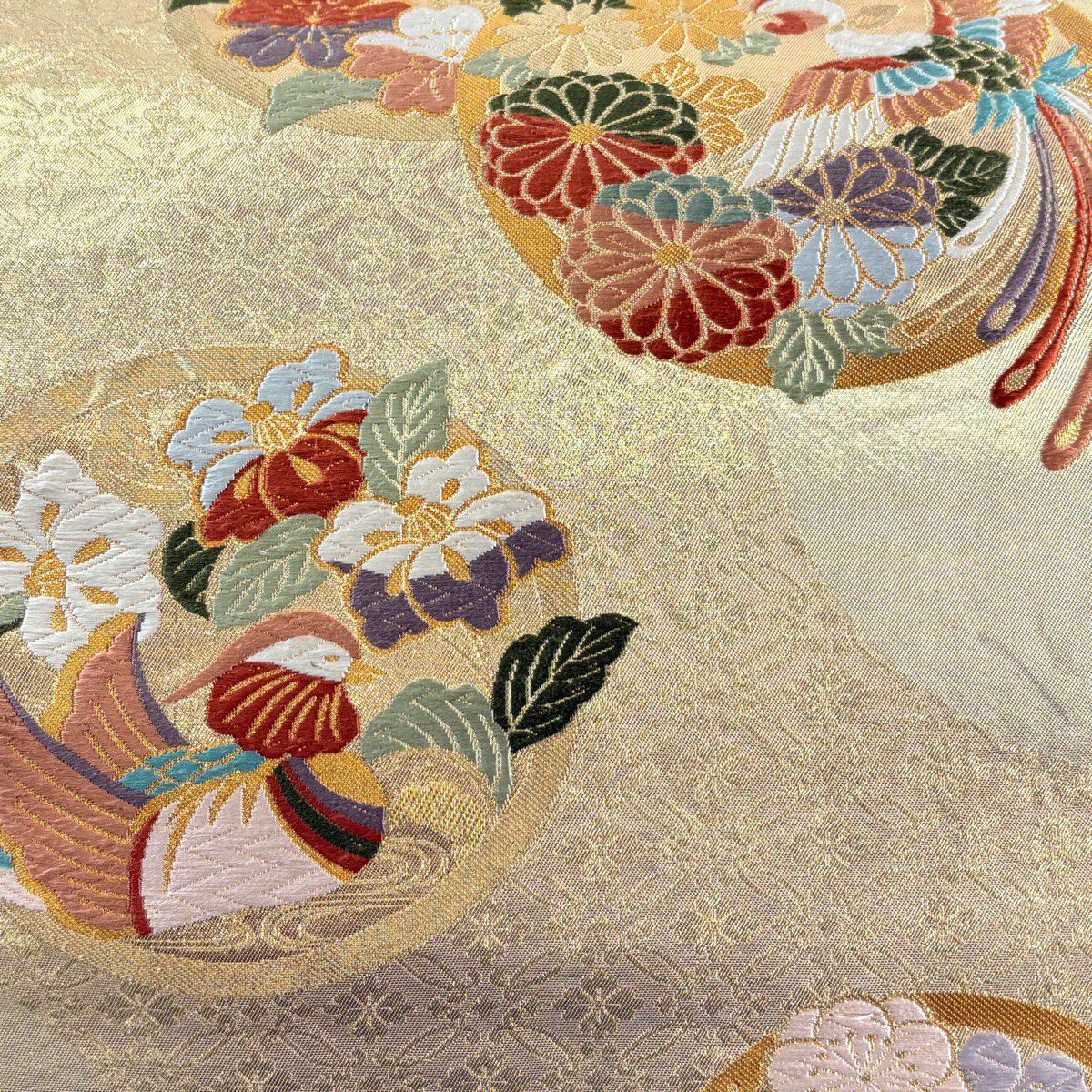 袋帶 秀品級 草花紋紋 鳥 金絲 唐織 金色 全通 純蠶絲