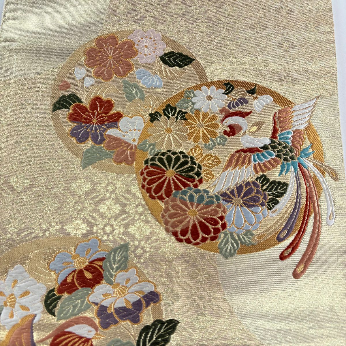 袋帶 秀品級 草花紋紋 鳥 金絲 唐織 金色 全通 純蠶絲