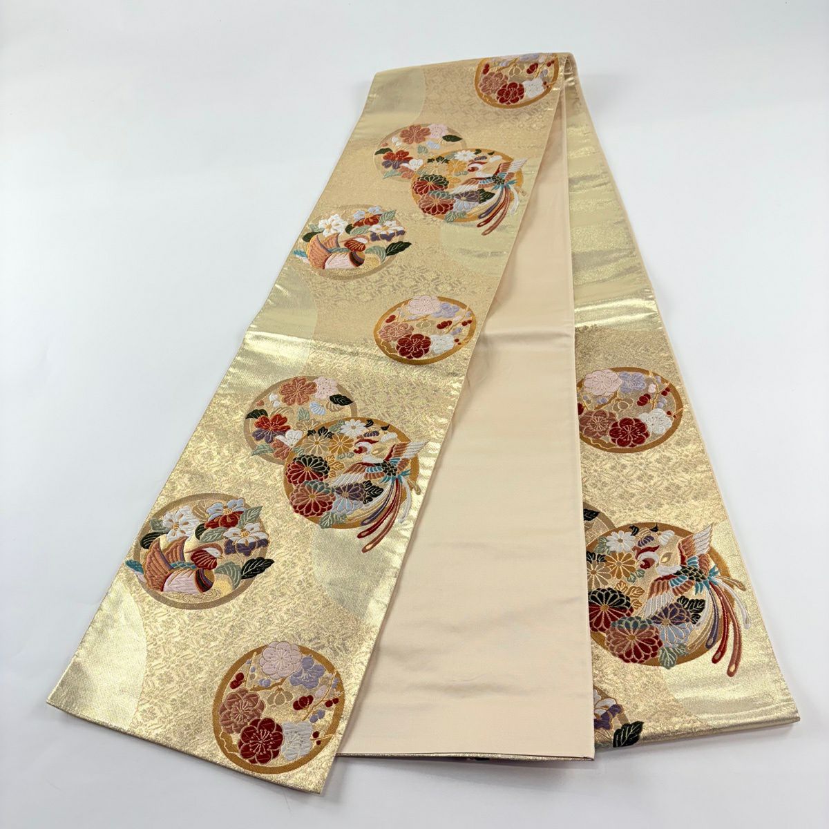 袋帶 秀品級 草花紋紋 鳥 金絲 唐織 金色 全通 純蠶絲