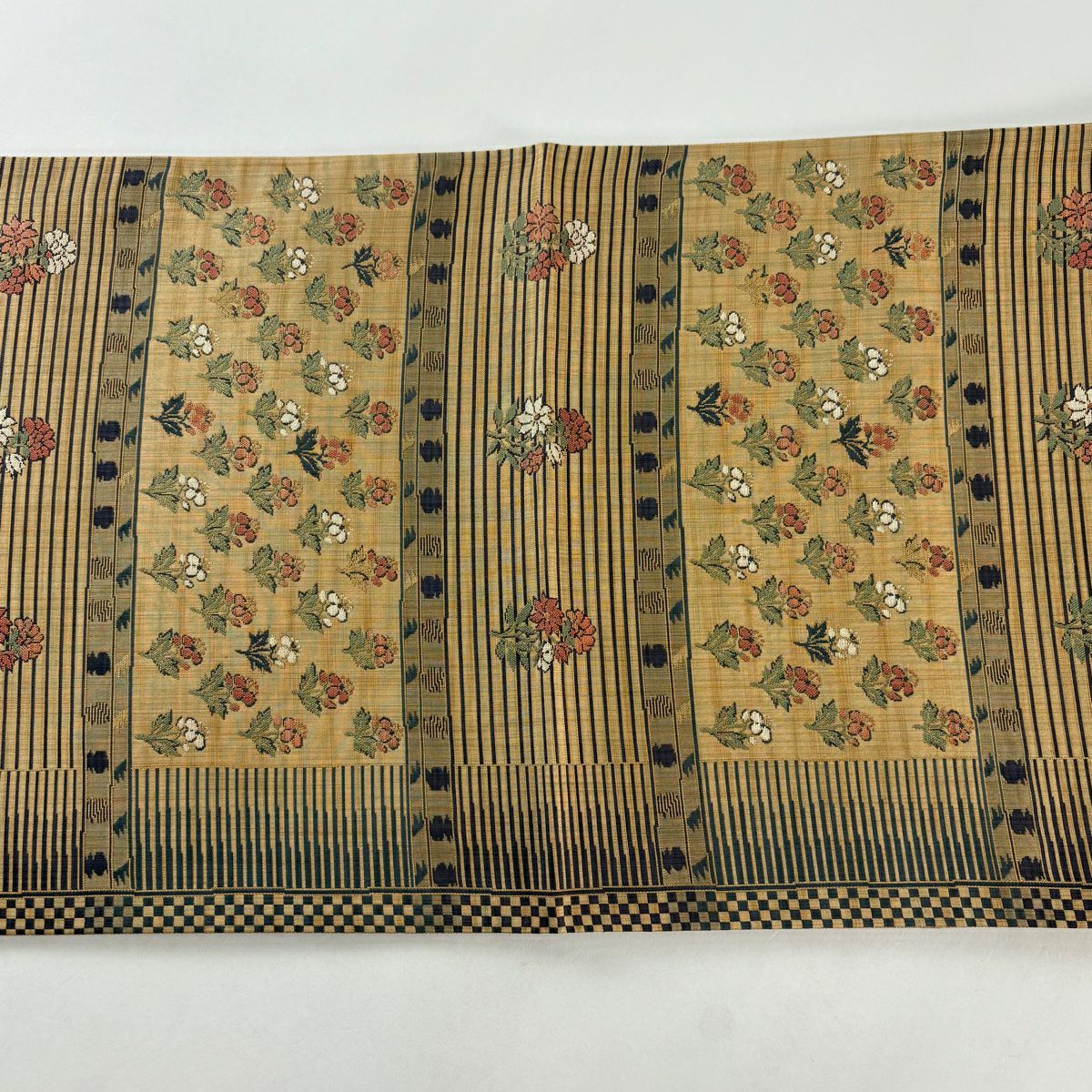 【美品】 袋帶 秀品級 陶漆 草花紋紋 縞 茶 六通 純蠶絲