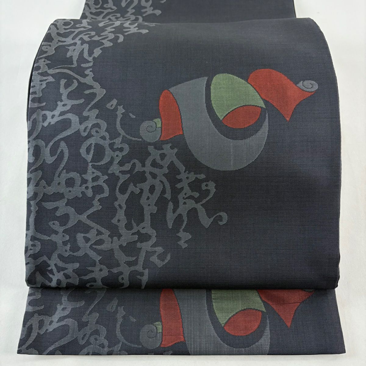 【美品】 袋帶 秀品級 文字文 巻物 灰 深藍 六通 純蠶絲