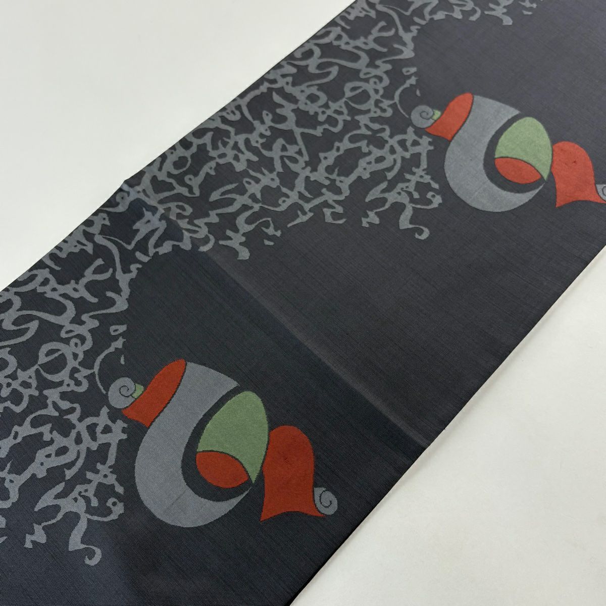 【美品】 袋帶 秀品級 文字文 巻物 灰 深藍 六通 純蠶絲