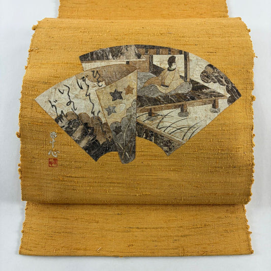 【美品】 名古屋帶 優品級 有落款 八寸名古屋帶 松樹葉仕立 細節 人物 文字 山吹 深藍 純蠶絲