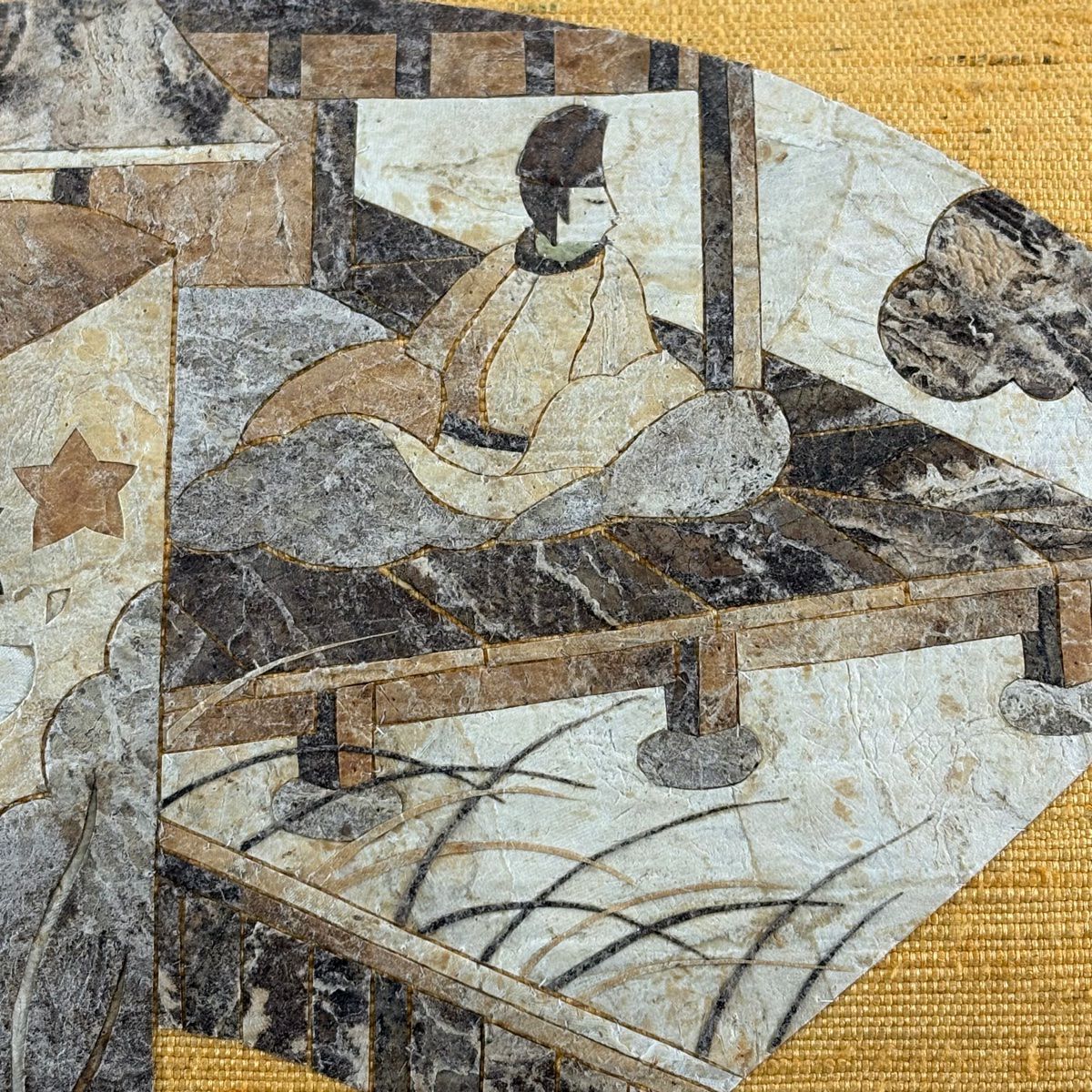 【美品】 名古屋帶 優品級 有落款 八寸名古屋帶 松樹葉仕立 細節 人物 文字 山吹 深藍 純蠶絲