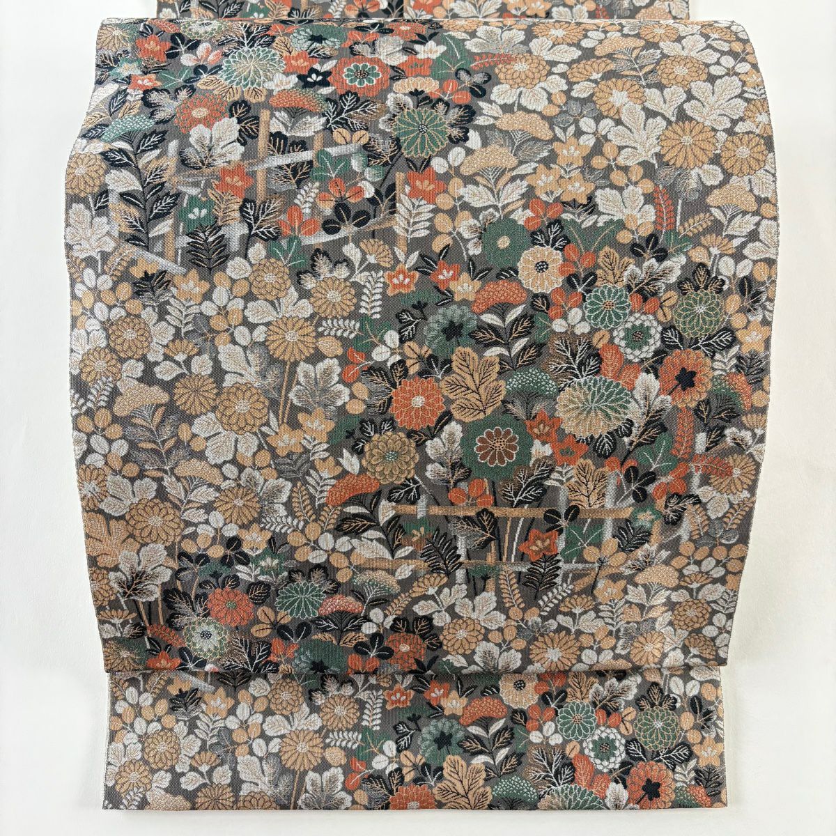 【美品】 袋帶 秀品級 落款あり 紹巴萬葉 秋草 垣根 灰色 全通 純蠶絲