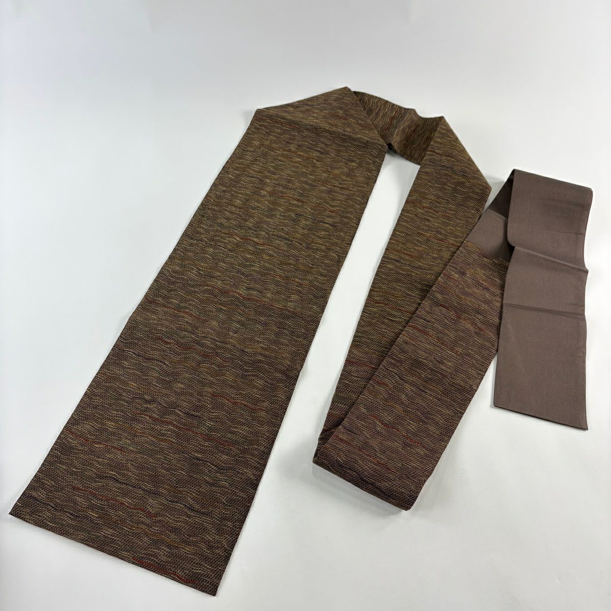 【美品】名古屋帶 秀品級 斜條紋 金金箔 焦茶 純蠶絲
