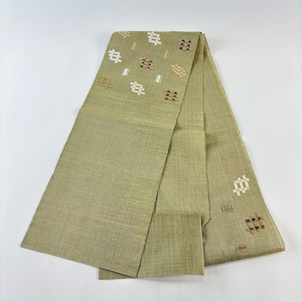 名古屋帶 秀品級 夏帶 八寸名古屋帶 松樹葉仕立 紬織織 幾何學圖案 灰綠 純蠶絲