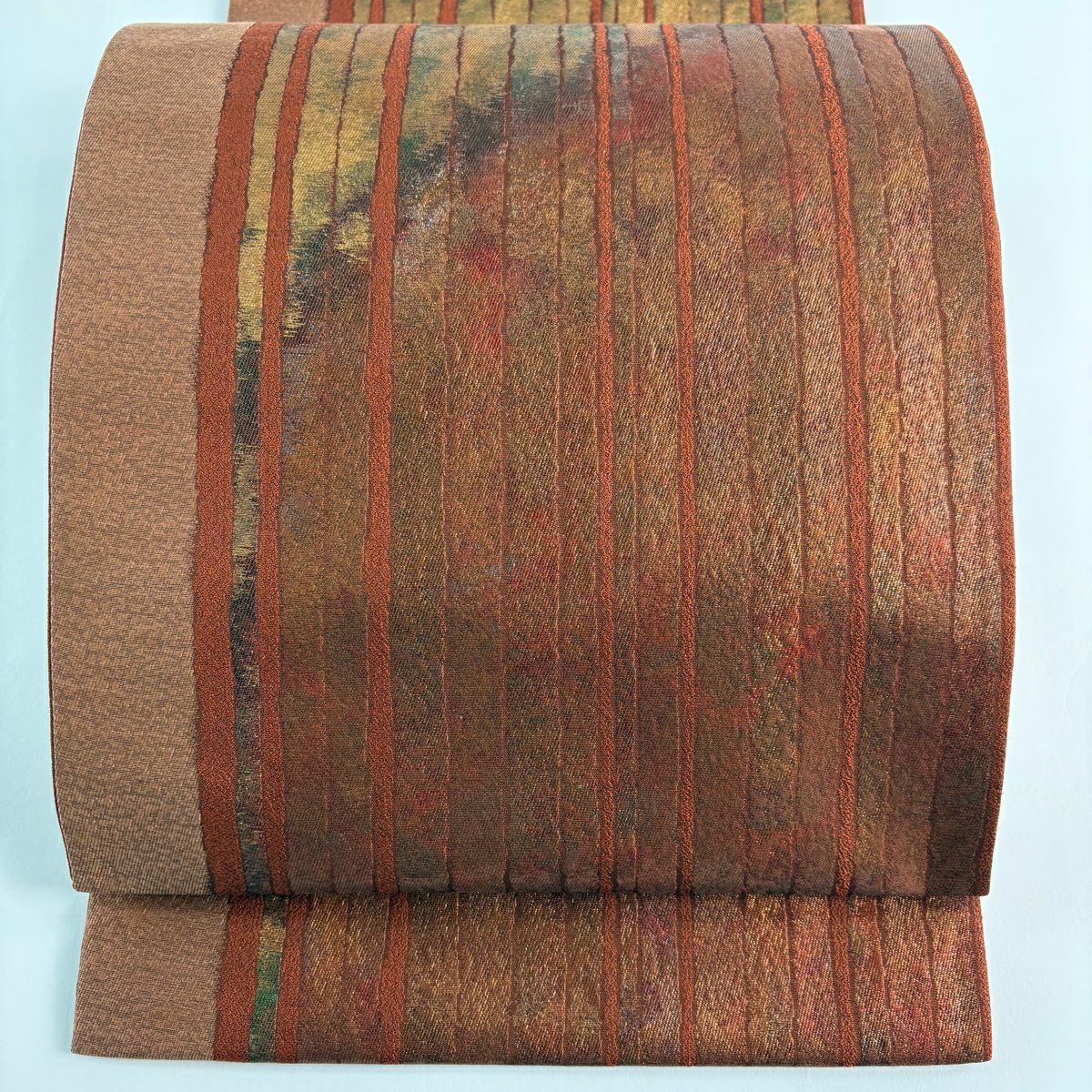 【美品】 袋帶 秀品級 條紋 金金箔 紅茶 大鼓圖案 純蠶絲