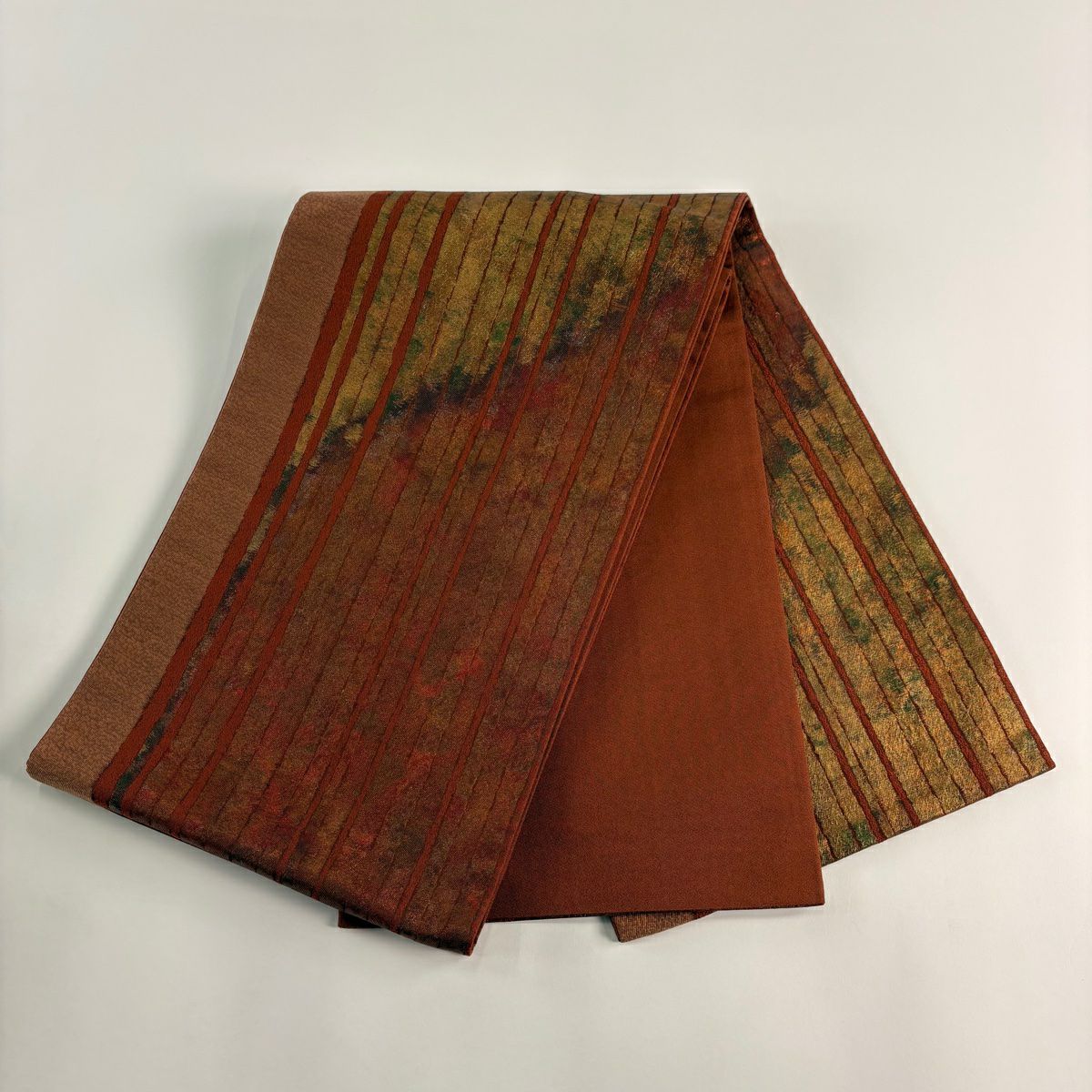 【美品】 袋帶 秀品級 條紋 金金箔 紅茶 大鼓圖案 純蠶絲