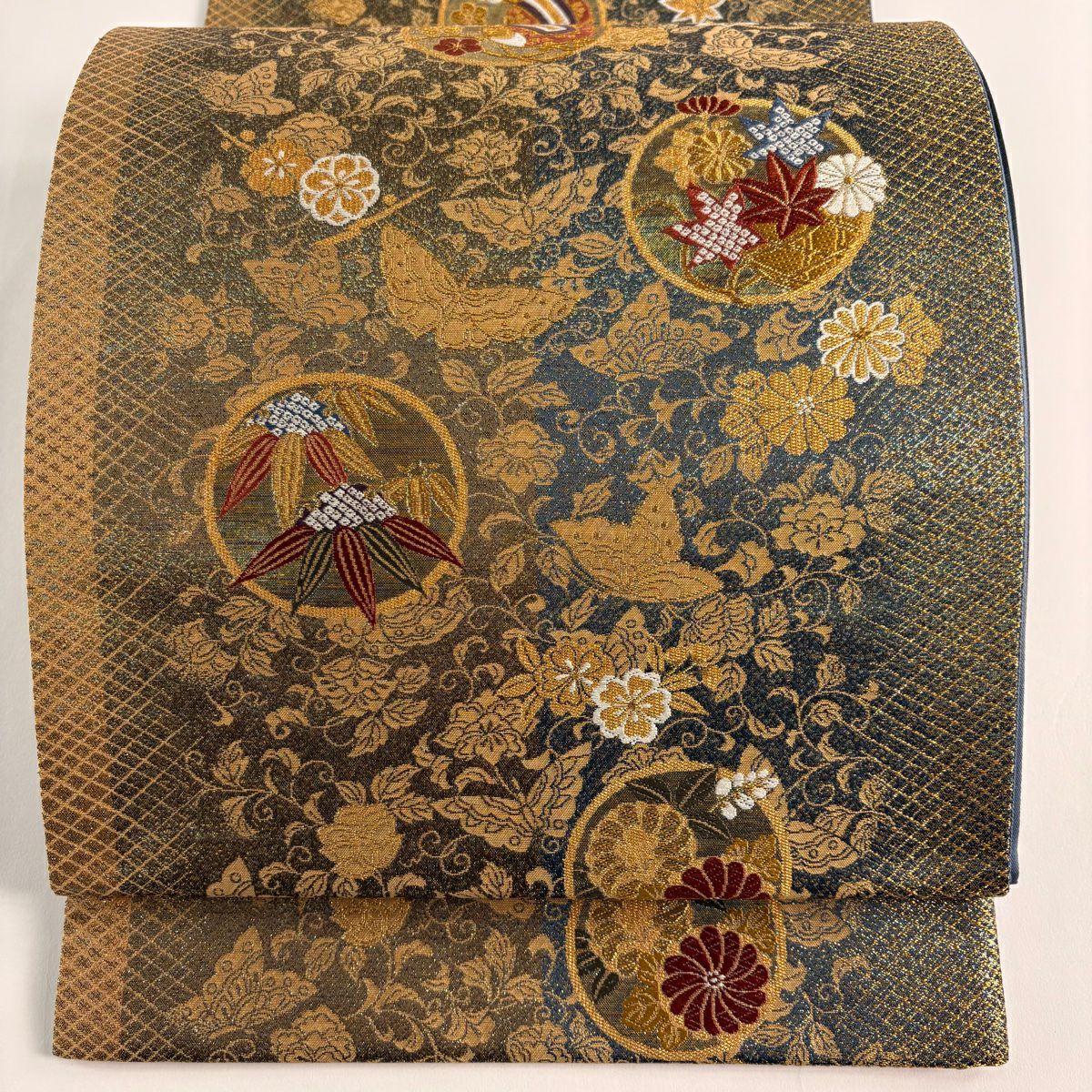 【美品】 袋帶 秀品級 圓紋 竹子葉 金金箔 金絲 金色 六通 純蠶絲