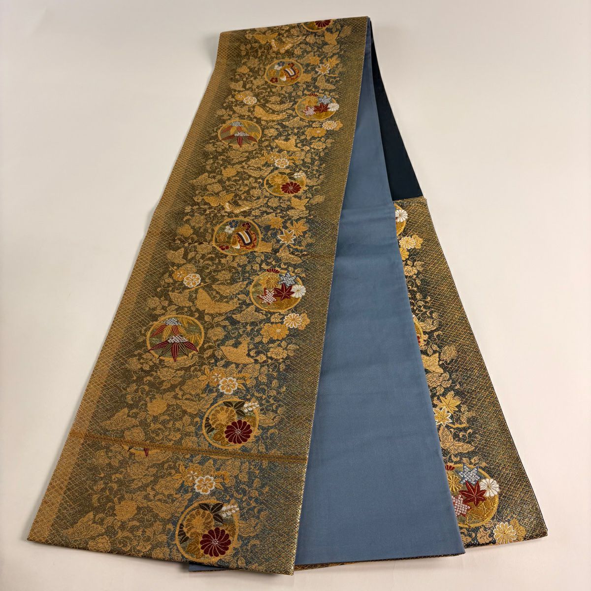 【美品】 袋帶 秀品級 圓紋 竹子葉 金金箔 金絲 金色 六通 純蠶絲