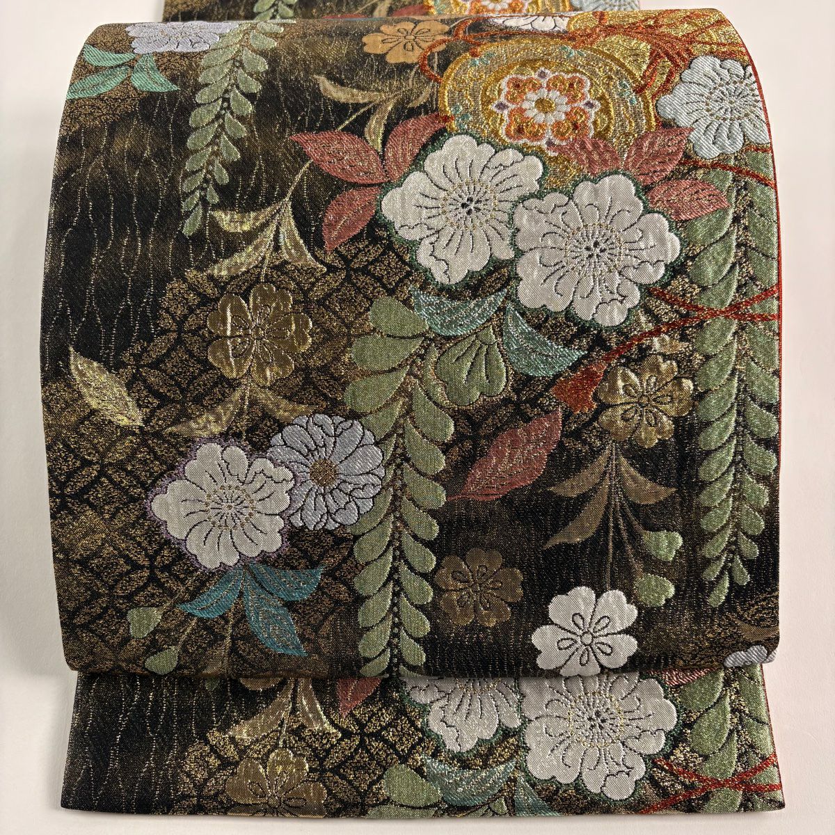 【美品】 袋帶 秀品級 振袖禮服禮服用 鼓 辻花染圖案 金金箔 墨色 六通 純蠶絲