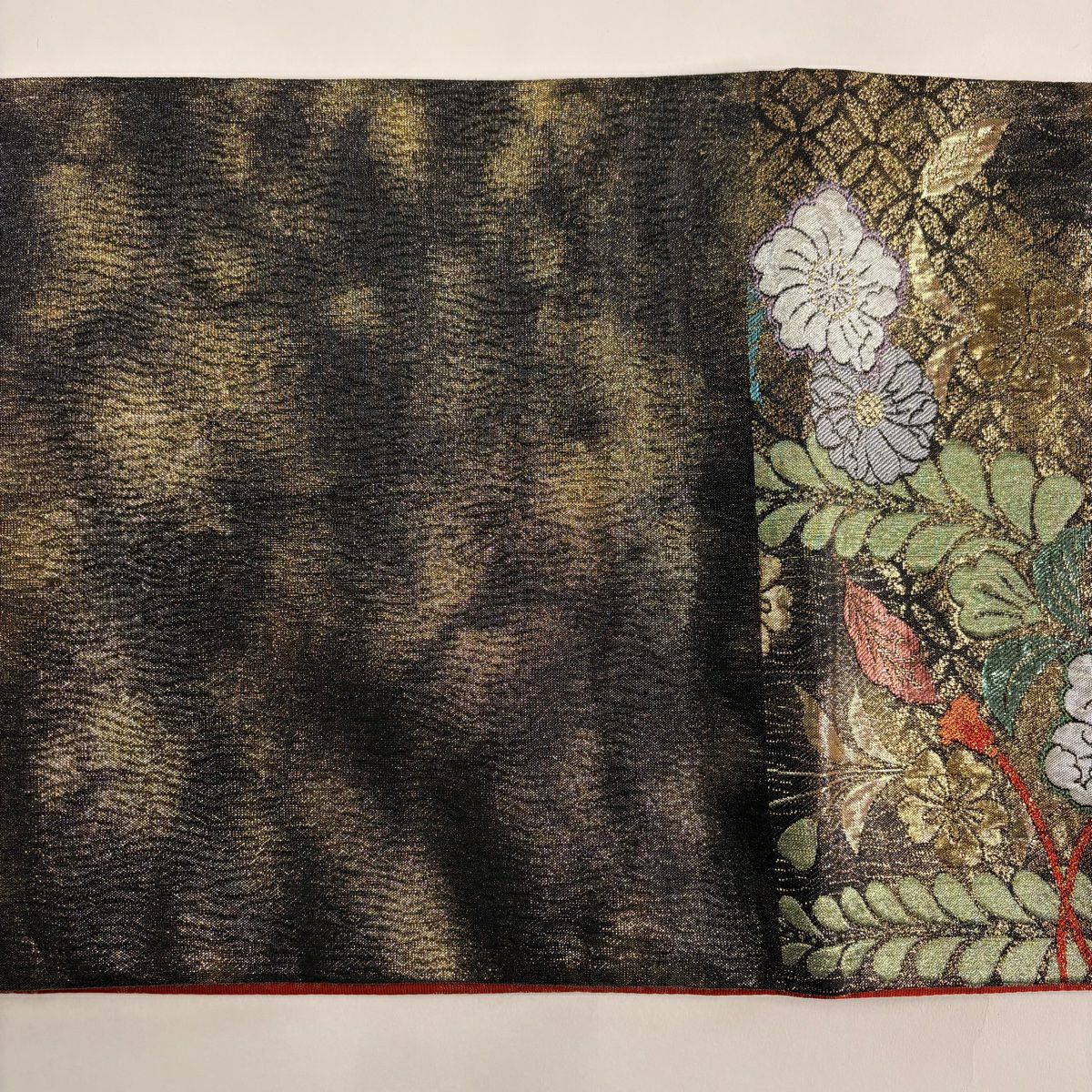 【美品】 袋帶 秀品級 振袖禮服禮服用 鼓 辻花染圖案 金金箔 墨色 六通 純蠶絲