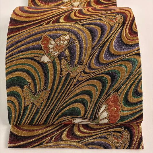 袋帶 秀品級 振袖禮服禮服用 蝶 流水 金金箔 金色 六通 純蠶絲